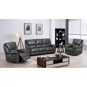 Boston Grey Leather Large 3 Piece Sofa Suite Manual Reclining Armchairs + Static 3 Seater Seater Sofa