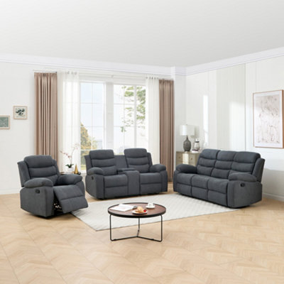 Boston Manual Recliner Fabric 1+2+3 Seater Sofa Set w Drinks Console (Grey)