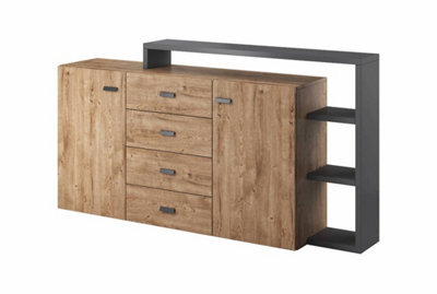 Bota 27 Sideboard Cabinet W1800mm H520mm D360mm - Oak Ribbec & Grey, 4 Drawers, 2 Hinged Doors