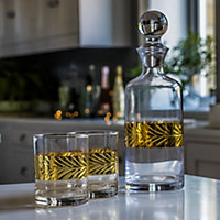 Botanical Fern Embossed Glassware Set Large Decanter & Set of 2 Whiskey Tumbler Glasses Gold Band Finish Home Bar Gift Idea