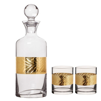 Botanical Fern Embossed Large Decanter & Set of 2 Whiskey Tumbler Glasses Gold Band Finish Home Bar Father's Day Gifts Ideas