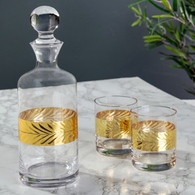 Botanical Fern Embossed Large Decanter & Set of 2 Whiskey Tumbler Glasses Gold Band Finish Home Bar Father's Day Gifts Ideas