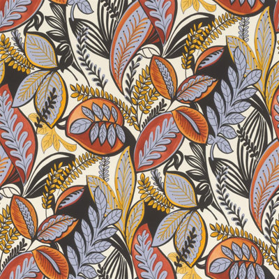 Botanical Leaf Wallpaper Orange Yellow Grey Retro Foliage Feature Wall