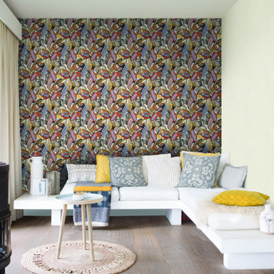Botanical Leaf Wallpaper Orange Yellow Grey Retro Foliage Feature Wall