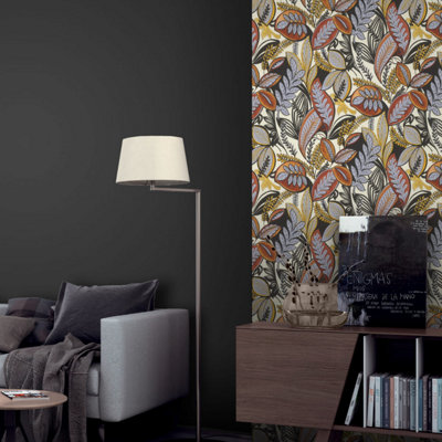 Botanical Leaf Wallpaper Orange Yellow Grey Retro Foliage Feature Wall