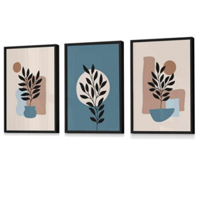 Botanical Set of 3 Boho Wall Art Prints in Blue and Cream Wall Art Prints / 42x59cm (A2) / Black Frame
