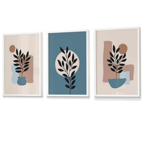 Botanical Set of 3 Boho Wall Art Prints in Blue and Cream Wall Art Prints / 42x59cm (A2) / White Frame