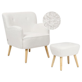 Boucle Armchair With Footrest White TUMBA