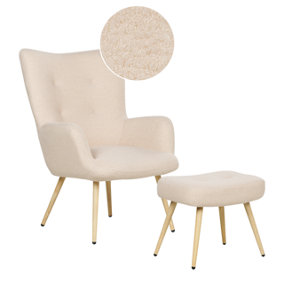 Boucle Wingback Chair with Footstool Beige VEJLE