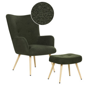 Boucle Wingback Chair with Footstool Dark Green VEJLE