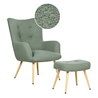 Boucle Wingback Chair with Footstool Light Green VEJLE II