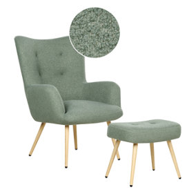 Boucle Wingback Chair with Footstool Light Green VEJLE