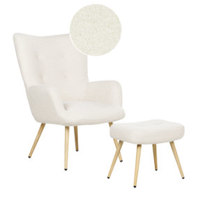 Boucle Wingback Chair with Footstool Off White VEJLE