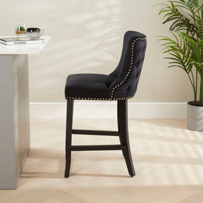 Boudoir Black Velvet Button Back Kitchen Counter Bar Stool Wing Back ...