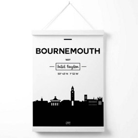 Bournemouth Black and White City Skyline Poster with Hanger / 33cm / White
