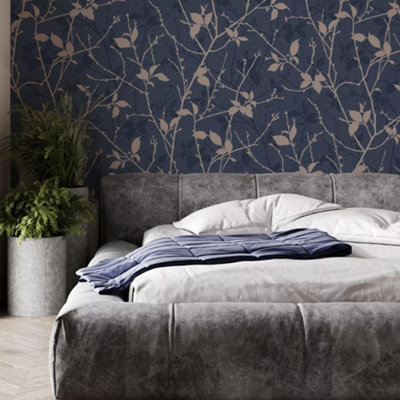 Boutique Belle Navy/Copper Leaves Wallpaper | DIY at B&Q