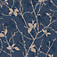 Boutique Belle Navy/Copper Leaves Wallpaper