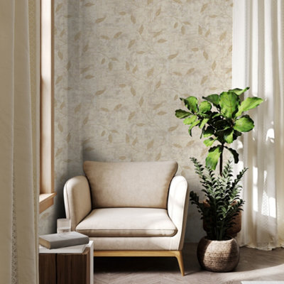 Image showcasing Boutique Ornamental Leaf Cream Textured Floral Wallpaper