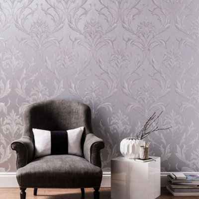 Boutique Oxford Embellished Damask Silver / Grey Wallpaper