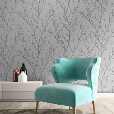 Boutique Water Silk Sprig Silver Wallpaper