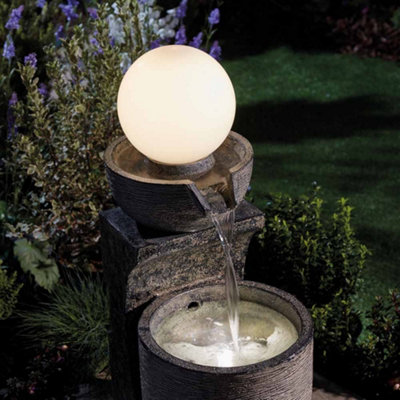 Bowl Cascading Water Feature with Globe Light, Outdoors, Self-Contained for Garden, Courtyard or Decking, Weatherproof