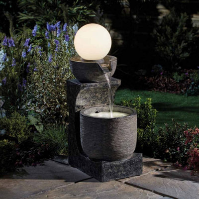 Bowl Cascading Water Feature with Globe Light, Outdoors, Self-Contained for Garden, Courtyard or Decking, Weatherproof