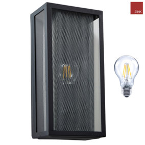 Box Lantern Wall Light - Mesh Insert and LED Bulb - Anthracite Grey with Silver Insert