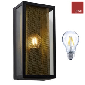 Box Lantern Wall Light - Mesh Insert and LED Bulb - Black with Brass Insert