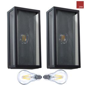 Box Lantern Wall Lights - Mesh Inserts and LED Bulbs - Anthracite Grey with Silver - Twin Pack