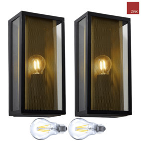 Box Lantern Wall Lights - Mesh Inserts and LED Bulbs - Black with Brass - Twin Pack