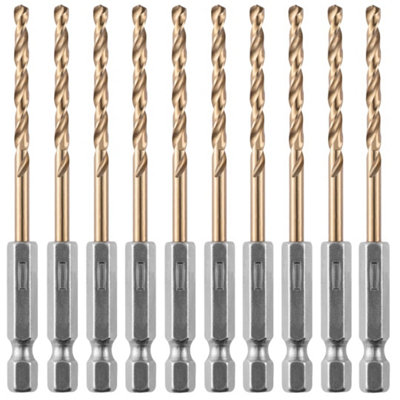 Box of 10 x 3.2mm Hex Shank HSS Gold Cobalt Jobber Drill Bit Set For Stainless Steel, Hard Metals, Aluminium, Cast Iron, Copper.