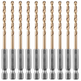 Box of 10 x 3.2mm Hex Shank HSS Gold Cobalt Jobber Drill Bit Set For Stainless Steel, Hard Metals, Aluminium, Cast Iron, Copper.