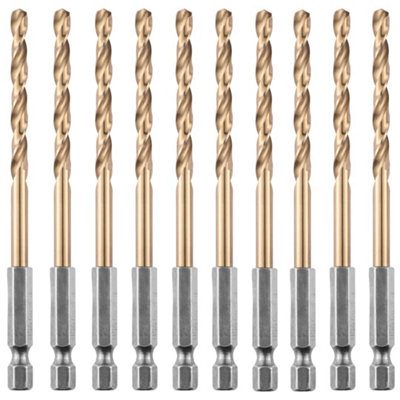 Box of 10 x 4.2mm Hex Shank HSS Gold Cobalt Jobber Drill Bit Set For Stainless Steel, Hard Metals, Aluminium, Cast Iron, Copper.