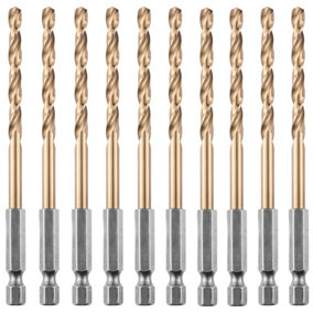 Box of 10 x 4.2mm Hex Shank HSS Gold Cobalt Jobber Drill Bit Set For Stainless Steel, Hard Metals, Aluminium, Cast Iron, Copper.