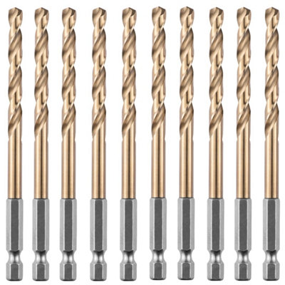 Box of 10 x 5.5mm Hex Shank HSS Gold Cobalt Jobber Drill Bit Set For Stainless Steel, Hard Metals, Aluminium, Cast Iron, Copper.