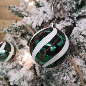 Box of 12 8cm Green with White and Red Glitter Shatterproof Christmas Bauble Decoration in PDQ