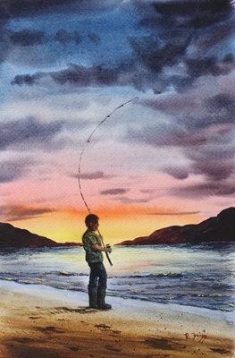 Boy Fishing At Sundown 25.4 x 35.6 x 0 cm (10 x 14 x 0 inches)