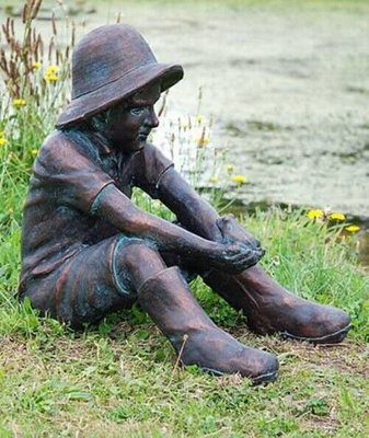 Boy in Wellies Garden Sculpture Holding a Frog