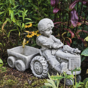 Boy on Tractor with Small Planter Trailer