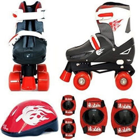 Boys Red Black Quad Skates Kids Padded Roller Boots Safety Pads Helmet Skate Set Small 9-12 (27-30 EU)