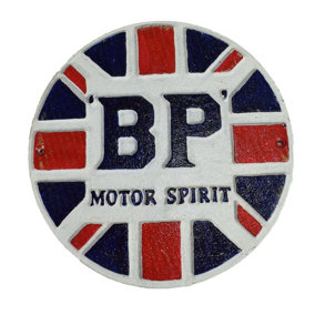 BP MotorSpirit Fuel Round Cast Iron Sign Plaque Wall Garage Petrol Workshop GB