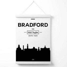 Bradford Black and White City Skyline Poster with Hanger / 33cm / White
