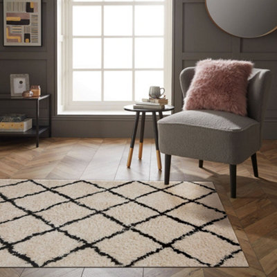 Braemar Argyle 100% Cotton Cream Base Black Cross Shaggy Floor Rug 170 x 120cm