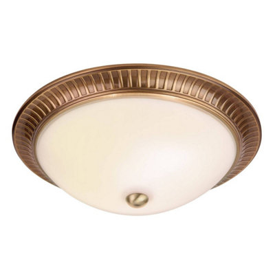 Brahm 2 Light Flush Ceiling Light Antique Brass, Acid Glass, E14