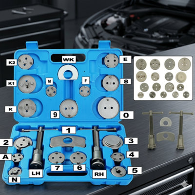 Brake caliper piston rewind tool kit, universal wind back set, 22 piece