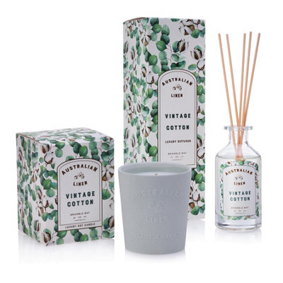 Bramble Bay - Australian Linen Scented Candle & Diffuser Set - 250g/180ml - Vintage Cotton - 2pc