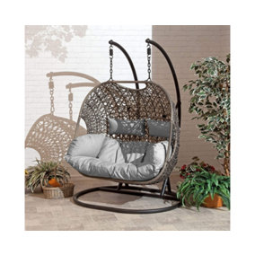 Brampton Double Cocoon Hanging Rattan Egg Chair with Grey Cushions