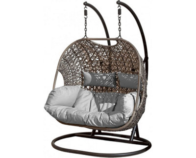 Brampton Double Cocoon Hanging Rattan Egg Chair with Grey Cushions