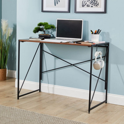 Brampton Folding Dark Oak Compact Desk Storage Hook Wood and Metal Home Office Workstation