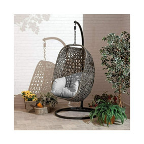 Brampton Single Cocoon Hanging Rattan Egg Chair with Grey Cushions